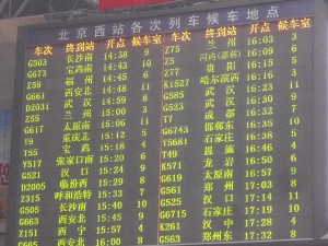 Abfahrtstafel in Peking- West. Mein Zug war der Z5 (rechte Seite, zweiter von oben). Die Zahl "6" am Ende gibt nicht den Bahnsteig, sondern die entsprechende Wartehalle an